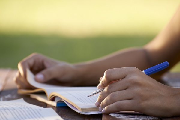 Young women and education, close up of hands of girl studying for college exam in park. Side view, copy space