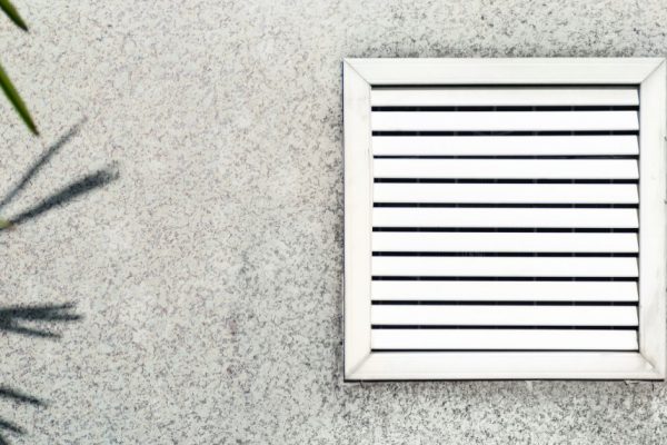 Aged vent with white shutters on the background of gray concrete under the leaves of the palm.