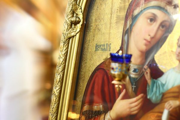 Interior of Saint Trinity Orthodox Convent in Riga, Latvia including Icon of Madonna Mother of God (Mary) and child (Jesus Christ).