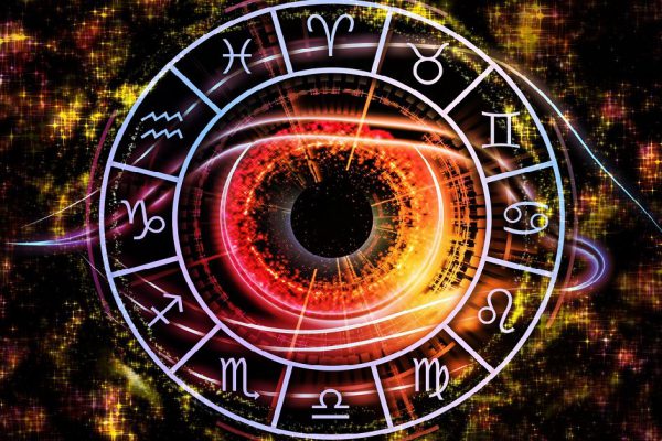 Arrangement of Zodiac symbols, eye graphic and abstract design elements on the subject of astrology, fate, horoscope and birthdays