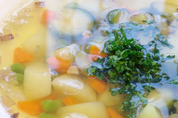 Vegetable soup with brussels and pea
