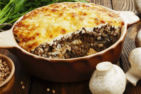 Buckwheat casserole with chicken and mushrooms on the table