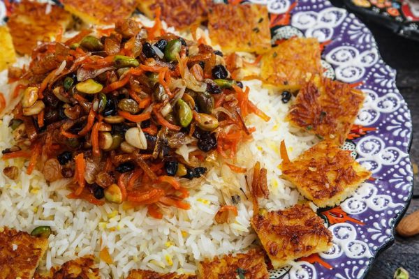 Jeweled rice close view, iranian pilaf with tahdig.