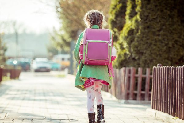 girl goes to school on a scooter. back view