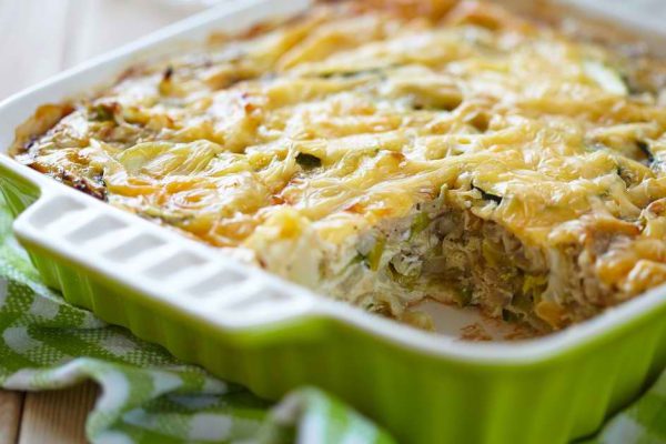 casserole with cabbage and zucchini in baking dish