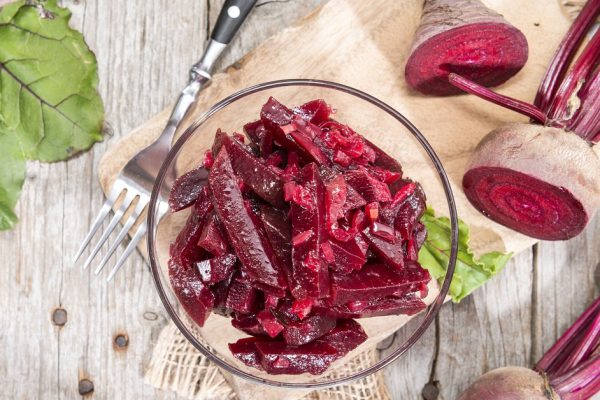 Homemade Beetroot Salad in a small bowl (ready to eat)