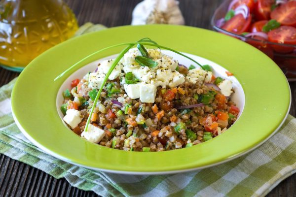 Amaranth and Buckwheat with vegetables and feta cheese