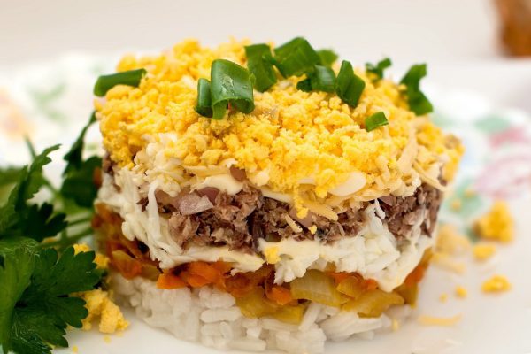 Traditional Russian salad mimosa of canned fish, eggs, cheese, carrots and mayonnaise. salad mimosa