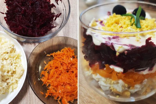 Подаю «Сельдь под шубой» в прозрачных стаканах, гости утирают слезы восторга и немедленно просят добавки