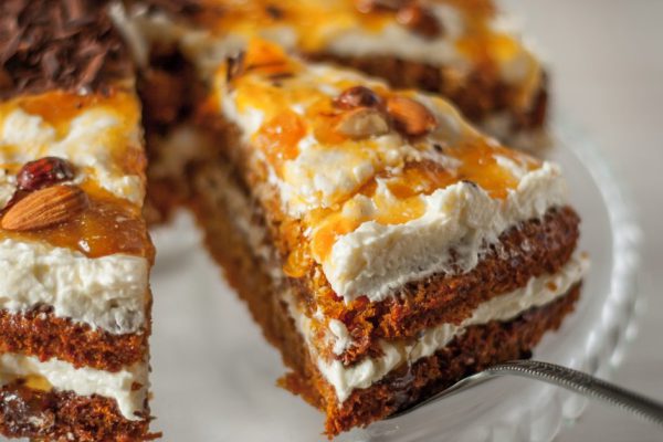 Carrot cake with almonds and chocolate chips horizontal