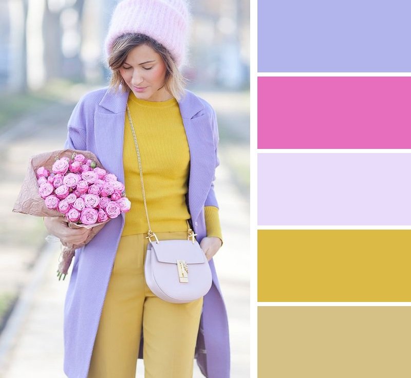 Каким цветом можно к. Цветовые сочетания в одежде. Сочетание цветов водежеде. Сочетание с фиолетовым. Лавандовый цвет сочетание.
