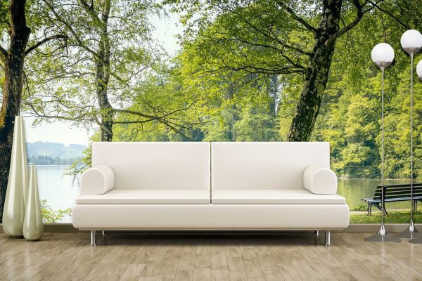 3D rendering of a sofa in front of a photo wall mural