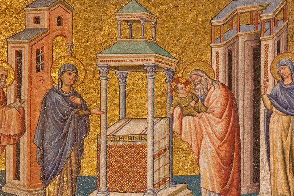 ROME, ITALY - MARCH 27, 2015: The mosaic of Presentation in the Temple in Santa Maria in Trastevere basilica by Pietro Cavallini from year 1291