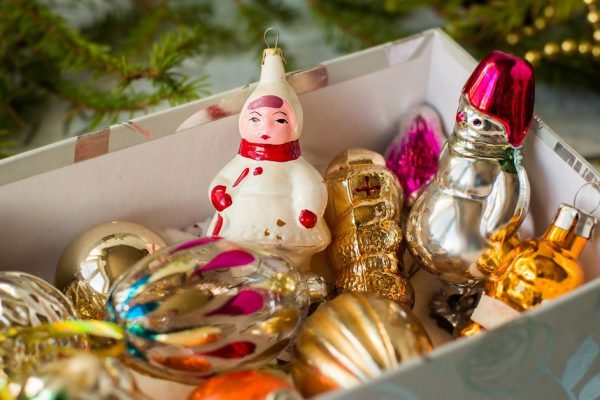 colorful New Year holiday decorations with furtree and toys