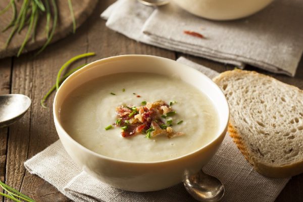 Homemade Creamy Potato and Leek Soup in a Bowl