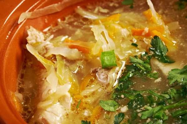Russian sauerkraut soup stchi White Cabbage in the casserole