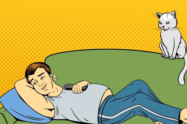 Man lying on couch sofa and lazy watching TV vector illustration. Comic book imitation