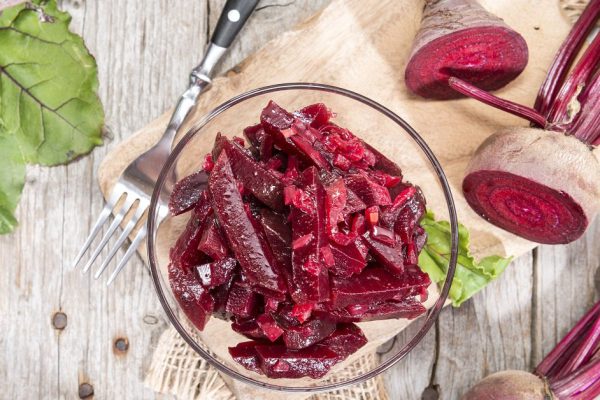 Homemade Beetroot Salad in a small bowl (ready to eat)