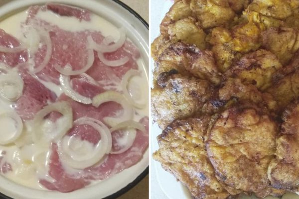 Словно фея, волшебной силиконовой кисточкой смазываю отбивные яйцом, вымачиваю их в молоке