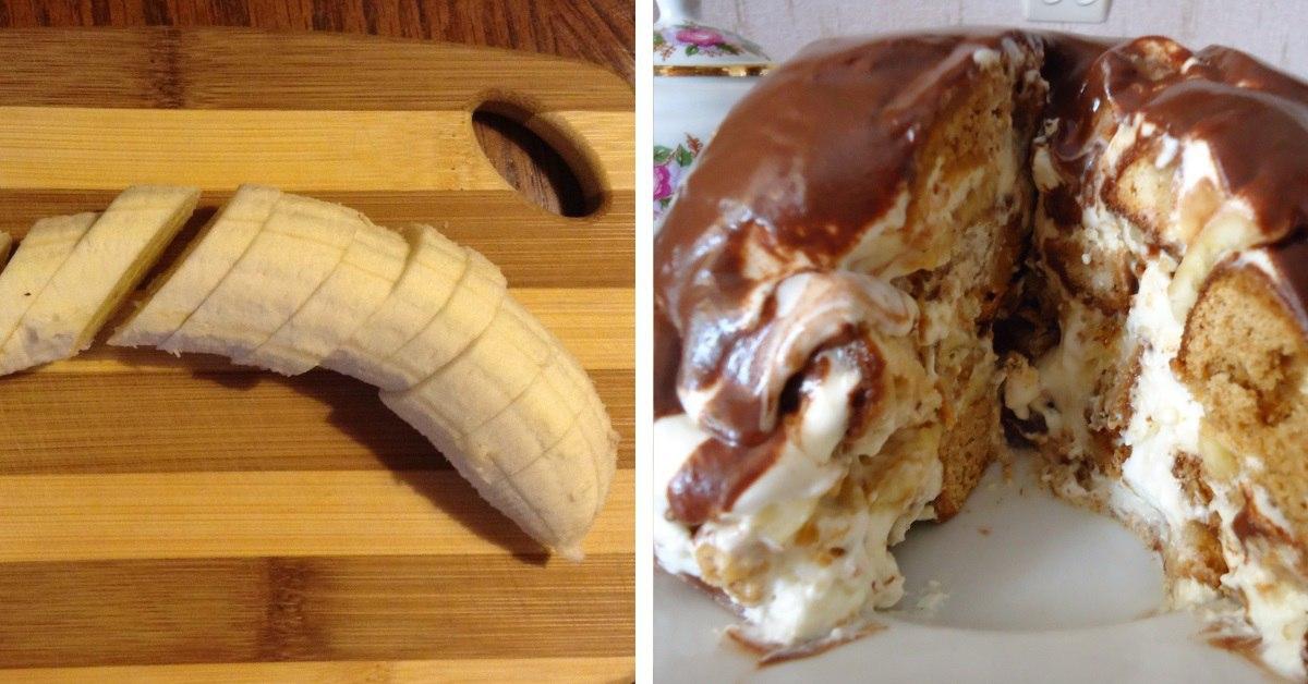 Торт без выпечки из пряников и сметаны и бананов пошагово с фото