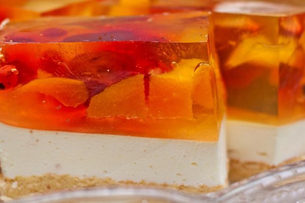 slice of jelly cake with peach