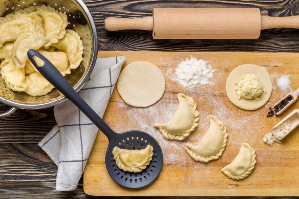 Homemade dumplings on a wooden table