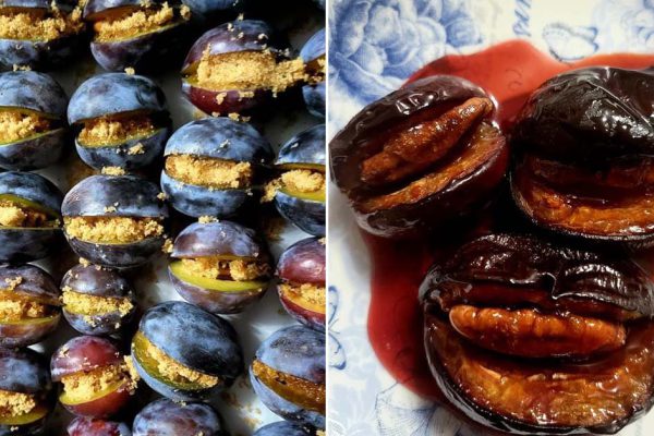 Разрезаю некрупные сливы, вместо косточки кладу половинку ореха, так и готовлю болгарское сухое варенье