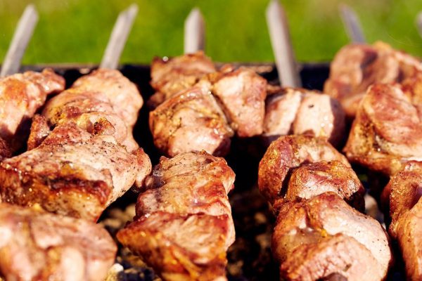 Barbecue skewers with meat on the brazier