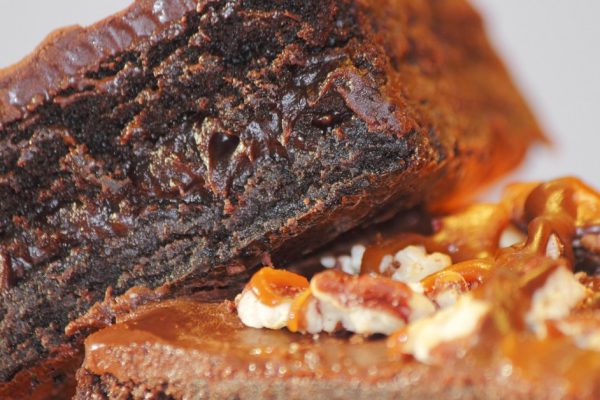 Close-up of two chocolate brownies.