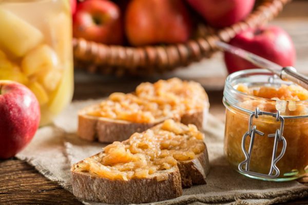 Small snack with apple jam in the pantry