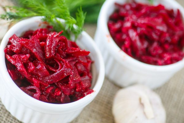 beet caviar with garlic and spices in a salad bowl