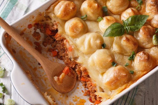 Shepherd's pie in the baking dish closeup. horizontal view from above