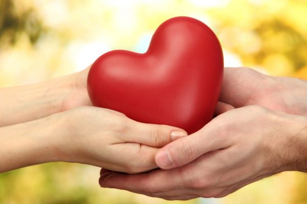 Red heart in woman and man hands, on green background